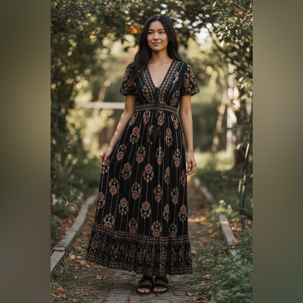 Elegant Black and Gold Maxi Dress S/M NWT